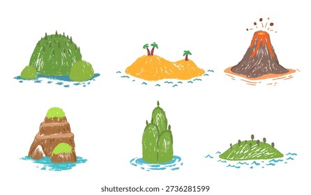 Green, desert and volcano islands in hand drawn cartoon doodle style made from pencil, marker or chalk crayon. Set scribble vector illustration background for children book.
