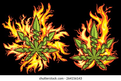 green design marijuana leaf fire flames background