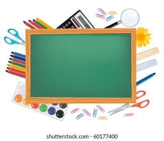 Green desk with school supplies. Vector.