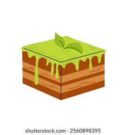 Green dessert, matcha pie made from matcha tea powder. Caramel cake with layering. Flat vector illustration on white background.