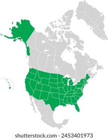 Mapa político en blanco detallado verde de los Estados Unidos con fronteras estatales blancas sobre fondo transparente usando proyección ortográfica del continente norteamericano gris claro