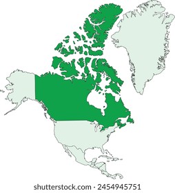 Mapa político en blanco detallado en verde de CANADÁ con fronteras estatales en blanco sobre fondo transparente usando proyección ortográfica del continente norteamericano gris claro