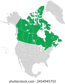 Mapa político en blanco detallado en verde de CANADÁ con fronteras estatales en blanco sobre fondo transparente usando proyección ortográfica del continente norteamericano gris claro