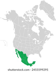 Mapa político en blanco detallado en verde de MÉXICO con fronteras estatales blancas sobre fondo transparente usando proyección ortográfica del continente norteamericano gris claro