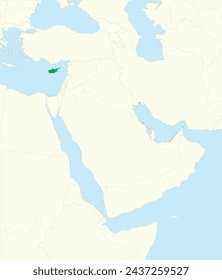 Green detailed CMYK blank political map of CYPRUS with flag and name tags, black national country borders on beige continent background and blue seas using orthographic projection of the Middle East