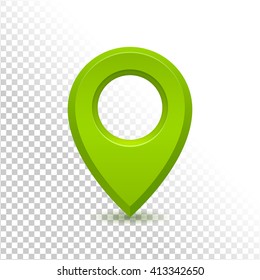 Green detailed realistic 3D map pin pointer icon. Isolated on a white transparent background. Vector illustration.