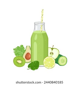 Green detox smoothie in bottle with straw. Healthy juice and fresh kale leaf, lime, apple, kiwi, avocado, spinach and cucumber. Vector cartoon illustration.