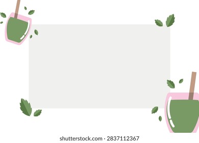 Green detox smoothie and mint leaf square frame, healthy drink flat design layout for natural beverage text insert.