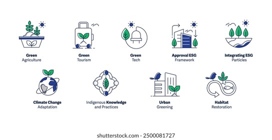 Green Development Icons: Agriculture, Tourism, Tech, ESG Framework, ESG Particles, Climate Change Adaptation, Indigenous Knowledge, Urban Greening, Habitat Restoration