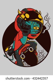 green devil on bike with helmet