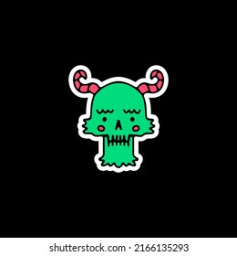 Green devil skull head, illustration for t-shirt, sticker, or apparel merchandise. With doodle, retro, and cartoon style.