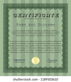 Green Di Green Certificate or diploma template. Customizable, Easy to edit and change colors. With complex linear background. Money Pattern. Shiny emblem with list icon and Endless Love text insideplo