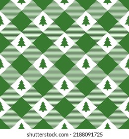 Patrón ininterrumpido de gingham diagonal verde para Navidad y Año Nuevo. Impresión navideña con árboles de Navidad. Ilustraciones vectoriales para el diseño y empaquetado de tejidos vacacionales de invierno. 