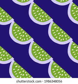Green diagonal lemon slices elements seamless doodle pattern. Navy blue bright background. Doodle print. Flat vector print for textile, fabric, giftwrap, wallpapers. Endless illustration.
