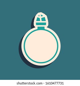 Green Diamond engagement ring icon isolated on blue background. Long shadow style. Vector Illustration