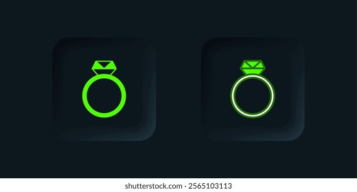 Green Diamond engagement ring icon isolated on black background. Black square button. Vector