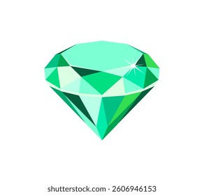 Green Diamond gem isolated on white background. Vector cartoon flat illustration of emerald crystal.