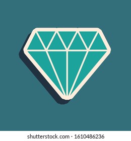 Green Diamond icon isolated on blue background. Jewelry symbol. Gem stone. Long shadow style. Vector Illustration