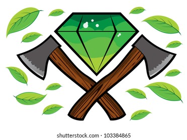 green diamond with leafs and two axes