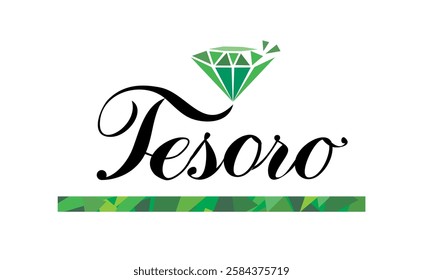 green diamond logo, underlined tesoro text, white background, vector illustration in flat style.