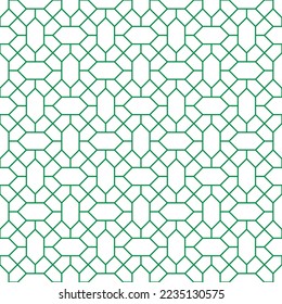 Grüner Diamantform und diagonales Zeilenmuster auf weißem Hintergrund. Verbundene diagonale Linie und sechseckige Form. Grünes Gittermuster auf weißem Hintergrund. Abstrakter Labyrinth-Hintergrund.
