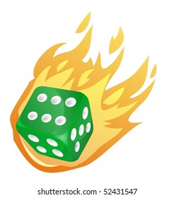 green dice falls, enveloped in flames