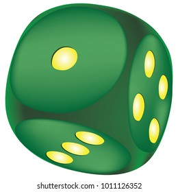 Green dice for a game of dice with the faces of four, three and one