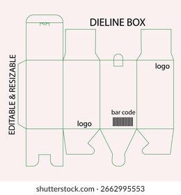 Se muestra una Plantilla de línea verde para una caja plegable contra un fondo rosa claro. La Plantilla presenta líneas que indican cortes y pliegues para el montaje de la caja. 