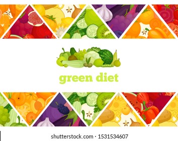 Green diet. Healthy food flyer. Mosaic of fruits and vegetables. Vegetarian food. Vector illustration.