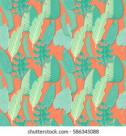  Green different hand-drawn seamless pattern with different tropical leaves.