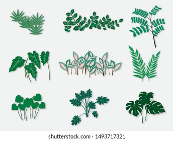 Green different leaves collection,vector illustration paper art style.
