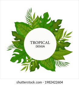green different tropical leaves in the shape of a circle, space for text in the center