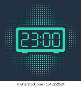 Green Digital alarm clock icon isolated on blue background. Electronic watch alarm clock. Time icon. Abstract circle random dots. Vector Illustration