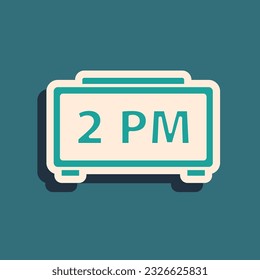 Green Digital alarm clock icon isolated on green background. Electronic watch alarm clock. Time icon. Long shadow style. Vector