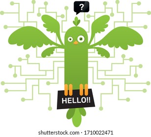 Green digital bird with message.
