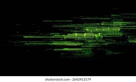 Green digital code information with distorted data. Technology glitch effect. Abstract matrix background for cyber security.