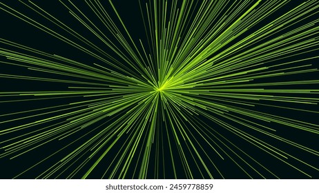 Green Digital Data Flow Vector Background. Big Data Technology Lines. 5G Wireless Data Transmission. High Speed of Light Trails. Information Flow in Virtual Reality Cyberspace. Vector Illustration.