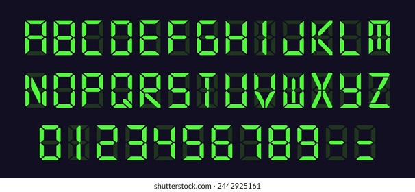 Green Digital Display Schriftart mit Weckerbuchstaben, elektronischem Alphabet, Retro-Taschenrechner-Symbole, LCD-Monitor-Zeichen und Scoreboard-Ziffern. Vektor EPS 10