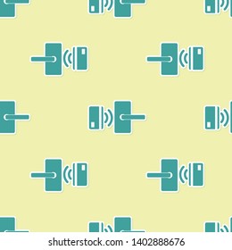 Green Digital door lock with wireless technology for unlock icon isolated seamless pattern on yellow background. Door handle sign. Security smart home of concept. Vector Illustration