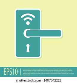 Green Digital door lock with wireless technology for unlock icon isolated on yellow background. Door handle sign. Security smart home of concept. Vector Illustration