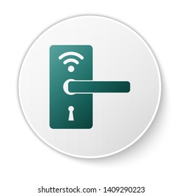 Green Digital door lock with wireless technology for unlock icon isolated on white background. Door handle sign. Security smart home of concept. White circle button. Vector Illustration