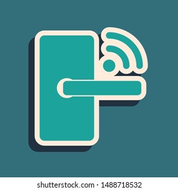 Green Digital door lock with wireless technology for unlock icon isolated on blue background. Door handle sign. Security smart home. Long shadow style. Vector Illustration