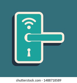 Green Digital door lock with wireless technology for unlock icon isolated on blue background. Door handle sign. Security smart home. Long shadow style. Vector Illustration