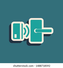 Green Digital door lock with wireless technology for unlock icon isolated on blue background. Door handle sign. Security smart home. Long shadow style. Vector Illustration