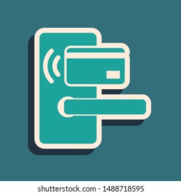 Green Digital door lock with wireless technology for unlock icon isolated on blue background. Door handle sign. Security smart home. Long shadow style. Vector Illustration