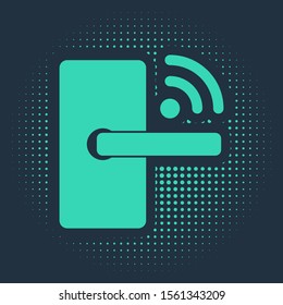 Green Digital door lock with wireless technology for unlock icon isolated on blue background. Door handle sign. Security smart home. Abstract circle random dots. Vector Illustration