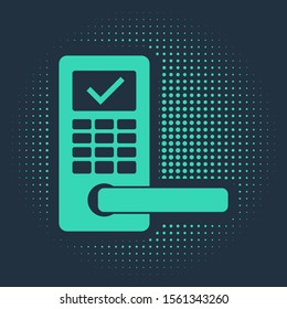 Green Digital door lock with wireless technology for unlock icon isolated on blue background. Door handle sign. Security smart home. Abstract circle random dots. Vector Illustration