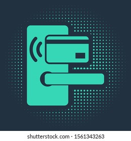 Green Digital door lock with wireless technology for unlock icon isolated on blue background. Door handle sign. Security smart home. Abstract circle random dots. Vector Illustration