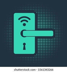 Green Digital door lock with wireless technology for unlock icon isolated on blue background. Door handle sign. Security smart home. Abstract circle random dots. Vector Illustration