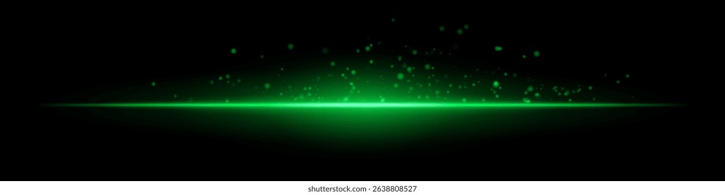 Green digital flare. Bright glowing line with soft radial particles on black background. Great for sci-fi, energy, digital wave, futuristic visual effects.